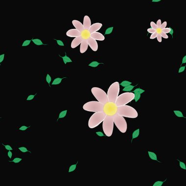 basit renkli çiçekleri olan serbest kompozisyon ve duvar kağıdı için yeşil yapraklar, vektör illüstrasyonu