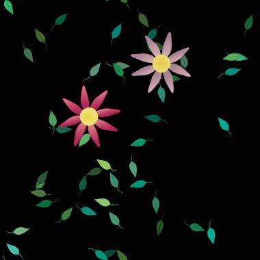 Serbest kompozisyonda yeşil yapraklı basit çiçekler, vektör illüstrasyonu