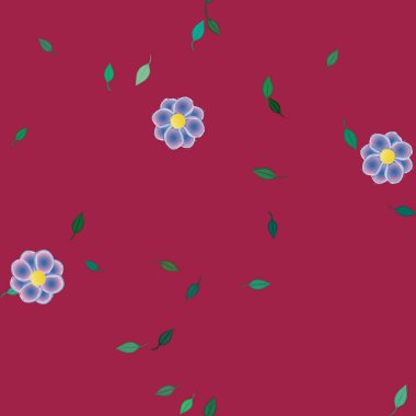 Serbest kompozisyonda yeşil yapraklı basit çiçekler, vektör illüstrasyonu