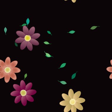 basit renkli çiçekleri olan serbest kompozisyon ve duvar kağıdı için yeşil yapraklar, vektör illüstrasyonu