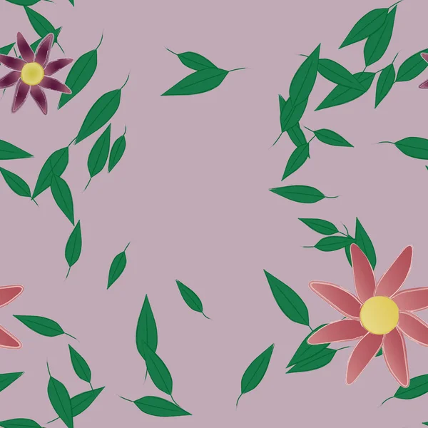 Serbest kompozisyonda yeşil yapraklı basit çiçekler, vektör illüstrasyonu