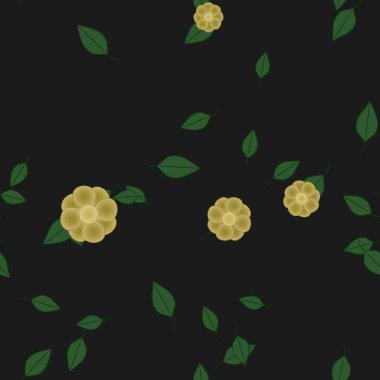 Basit renkli çiçekleri ve arka planda yeşil yaprakları olan güzel kompozisyon, vektör illüstrasyonu