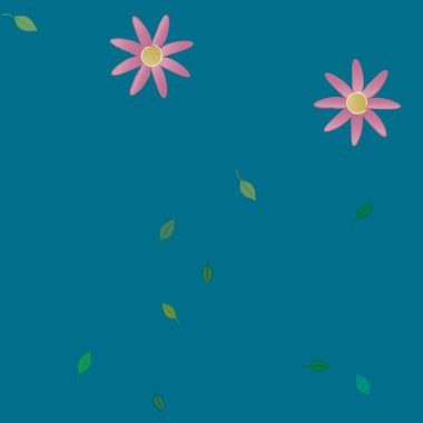 Basit renkli çiçekleri ve arka planda yeşil yaprakları olan güzel kompozisyon, vektör illüstrasyonu