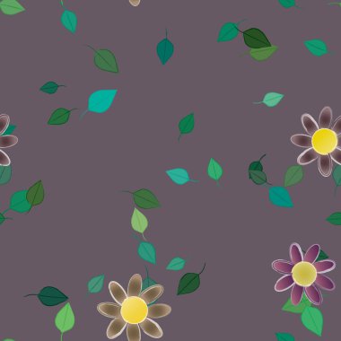 basit renkli çiçekleri olan serbest kompozisyon ve duvar kağıdı için yeşil yapraklar, vektör illüstrasyonu