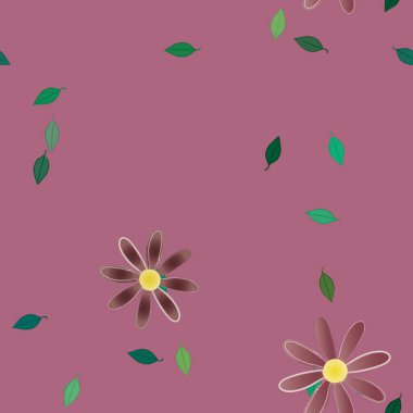 Basit renkli çiçekleri ve arka planda yeşil yaprakları olan güzel kompozisyon, vektör illüstrasyonu