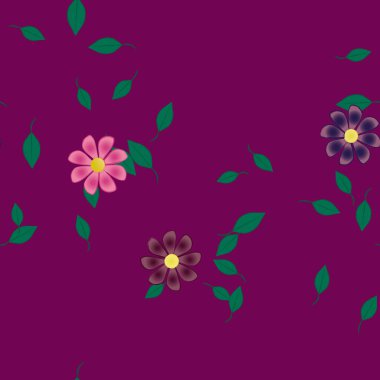 Serbest kompozisyonda yeşil yapraklı basit çiçekler, vektör illüstrasyonu