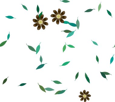 basit renkli çiçekleri olan serbest kompozisyon ve duvar kağıdı için yeşil yapraklar, vektör illüstrasyonu