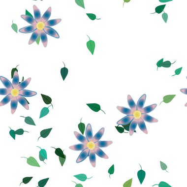 basit renkli çiçekleri olan serbest kompozisyon ve duvar kağıdı için yeşil yapraklar, vektör illüstrasyonu