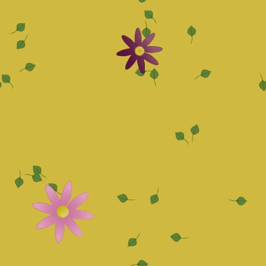 Serbest kompozisyonda yeşil yapraklı basit çiçekler, vektör illüstrasyonu