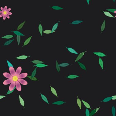 Basit renkli çiçekleri ve arka planda yeşil yaprakları olan güzel kompozisyon, vektör illüstrasyonu