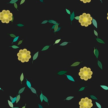 Serbest kompozisyonda yeşil yapraklı basit çiçekler, vektör illüstrasyonu