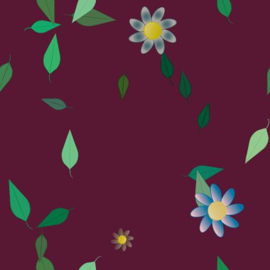 basit renkli çiçekleri olan serbest kompozisyon ve duvar kağıdı için yeşil yapraklar, vektör illüstrasyonu