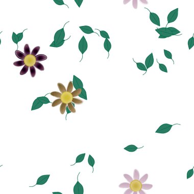 Serbest kompozisyonda yeşil yapraklı basit çiçekler, vektör illüstrasyonu