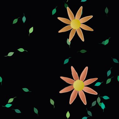 Basit renkli çiçekleri ve arka planda yeşil yaprakları olan güzel kompozisyon, vektör illüstrasyonu