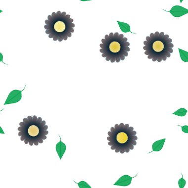 basit renkli çiçekleri olan serbest kompozisyon ve duvar kağıdı için yeşil yapraklar, vektör illüstrasyonu