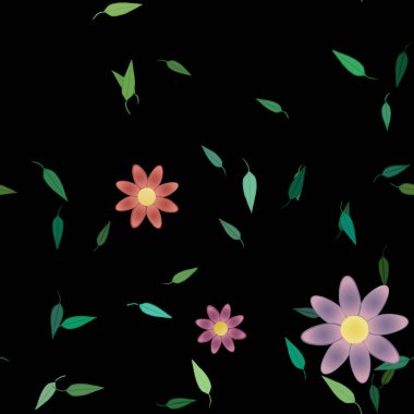 Serbest kompozisyonda yeşil yapraklı basit çiçekler, vektör illüstrasyonu