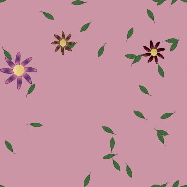 Basit renkli çiçekleri ve arka planda yeşil yaprakları olan güzel kompozisyon, vektör illüstrasyonu