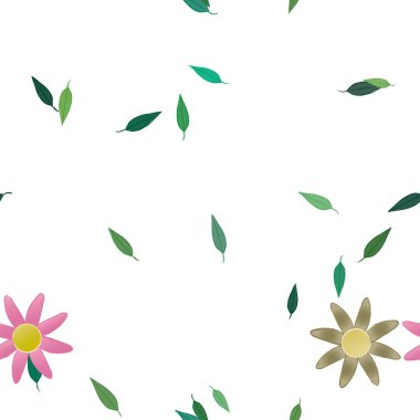 Basit renkli çiçekleri ve arka planda yeşil yaprakları olan güzel kompozisyon, vektör illüstrasyonu