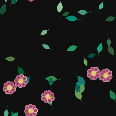 Basit renkli çiçekleri ve arka planda yeşil yaprakları olan güzel kompozisyon, vektör illüstrasyonu