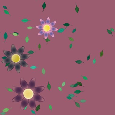 Basit renkli çiçekleri ve arka planda yeşil yaprakları olan güzel kompozisyon, vektör illüstrasyonu