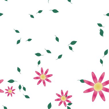 basit renkli çiçekleri olan serbest kompozisyon ve duvar kağıdı için yeşil yapraklar, vektör illüstrasyonu