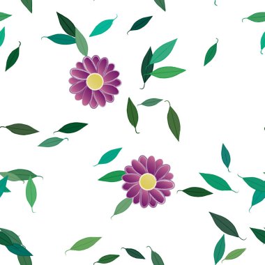 Basit renkli çiçekleri ve arka planda yeşil yaprakları olan güzel kompozisyon, vektör illüstrasyonu