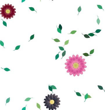 basit renkli çiçekleri olan serbest kompozisyon ve duvar kağıdı için yeşil yapraklar, vektör illüstrasyonu