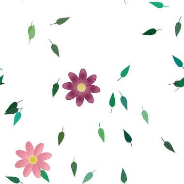 Serbest kompozisyonda yeşil yapraklı basit çiçekler, vektör illüstrasyonu