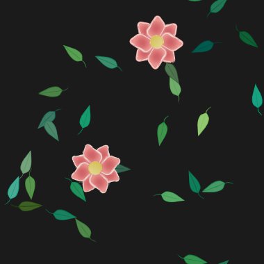 Basit renkli çiçekleri ve arka planda yeşil yaprakları olan güzel kompozisyon, vektör illüstrasyonu