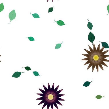 Serbest kompozisyonda yeşil yapraklı basit çiçekler, vektör illüstrasyonu