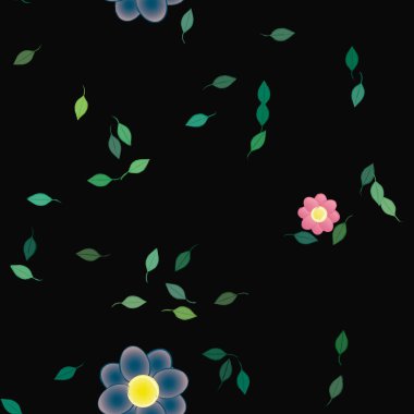 Serbest kompozisyonda yeşil yapraklı basit çiçekler, vektör illüstrasyonu