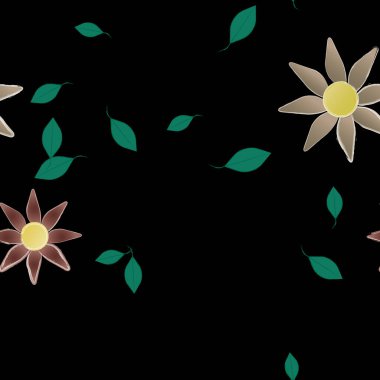 Serbest kompozisyonda yeşil yapraklı basit çiçekler, vektör illüstrasyonu