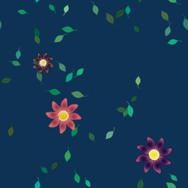 Serbest kompozisyonda yeşil yapraklı basit çiçekler, vektör illüstrasyonu