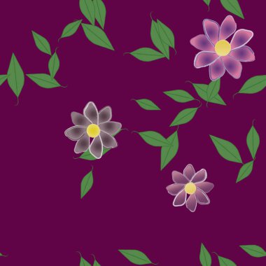 Serbest kompozisyonda yeşil yapraklı basit çiçekler, vektör illüstrasyonu