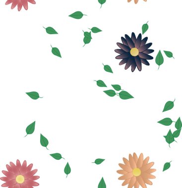 Basit renkli çiçekleri ve arka planda yeşil yaprakları olan güzel kompozisyon, vektör illüstrasyonu