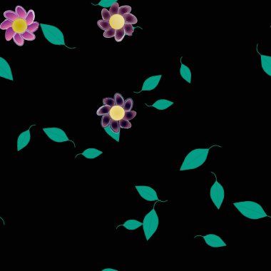 Basit renkli çiçekleri ve arka planda yeşil yaprakları olan güzel kompozisyon, vektör illüstrasyonu