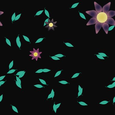 Basit renkli çiçekleri ve arka planda yeşil yaprakları olan güzel kompozisyon, vektör illüstrasyonu