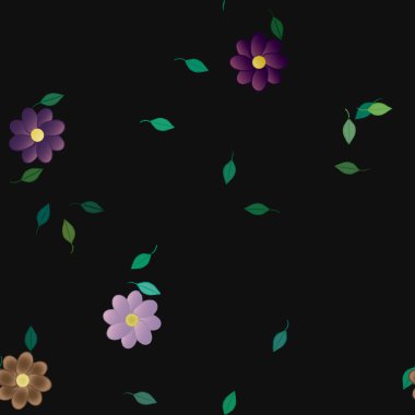 Serbest kompozisyonda yeşil yapraklı basit çiçekler, vektör illüstrasyonu