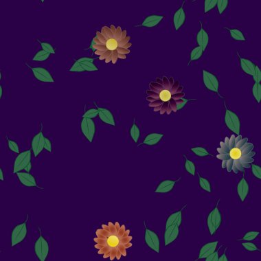 Basit renkli çiçekleri ve arka planda yeşil yaprakları olan güzel kompozisyon, vektör illüstrasyonu