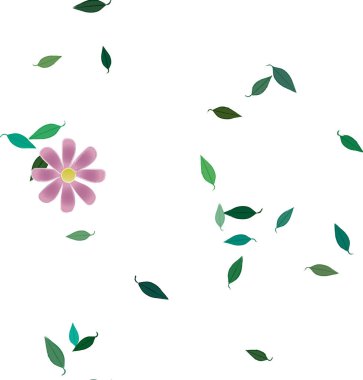 Basit renkli çiçekleri ve arka planda yeşil yaprakları olan güzel kompozisyon, vektör illüstrasyonu