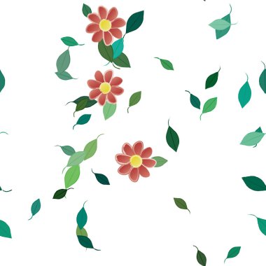 Basit renkli çiçekleri ve arka planda yeşil yaprakları olan güzel kompozisyon, vektör illüstrasyonu