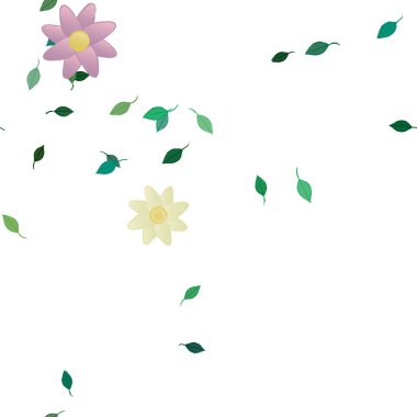 basit renkli çiçekleri olan serbest kompozisyon ve duvar kağıdı için yeşil yapraklar, vektör illüstrasyonu