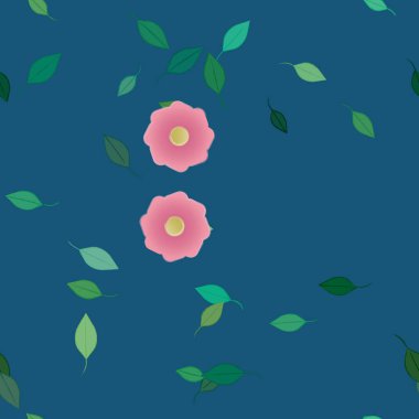 Serbest kompozisyonda yeşil yapraklı basit çiçekler, vektör illüstrasyonu