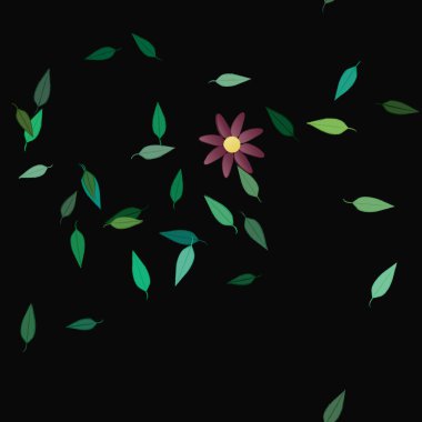 Basit renkli çiçekleri ve arka planda yeşil yaprakları olan güzel kompozisyon, vektör illüstrasyonu