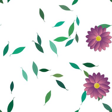 Serbest kompozisyonda yeşil yapraklı basit çiçekler, vektör illüstrasyonu