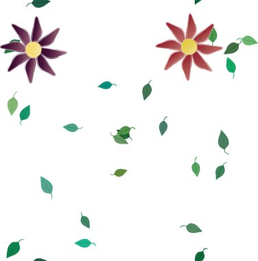 basit renkli çiçekleri olan serbest kompozisyon ve duvar kağıdı için yeşil yapraklar, vektör illüstrasyonu