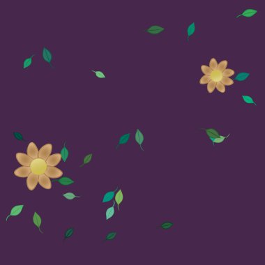 Serbest kompozisyonda yeşil yapraklı basit çiçekler, vektör illüstrasyonu