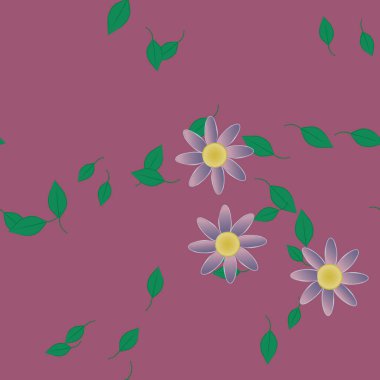 Serbest kompozisyonda yeşil yapraklı basit çiçekler, vektör illüstrasyonu