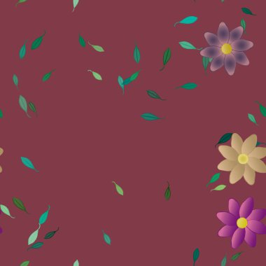 Serbest kompozisyonda yeşil yapraklı basit çiçekler, vektör illüstrasyonu