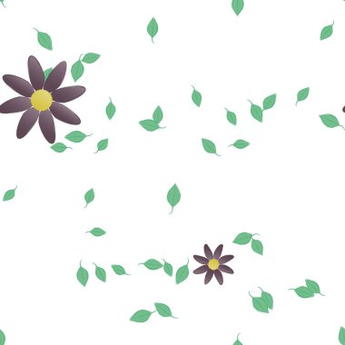 Basit renkli çiçekleri ve arka planda yeşil yaprakları olan güzel kompozisyon, vektör illüstrasyonu